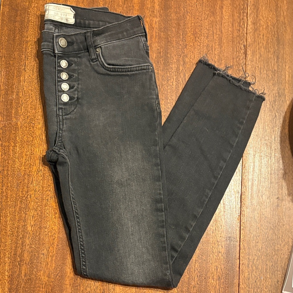 Free People Black Ankle Jeans with Button Detail